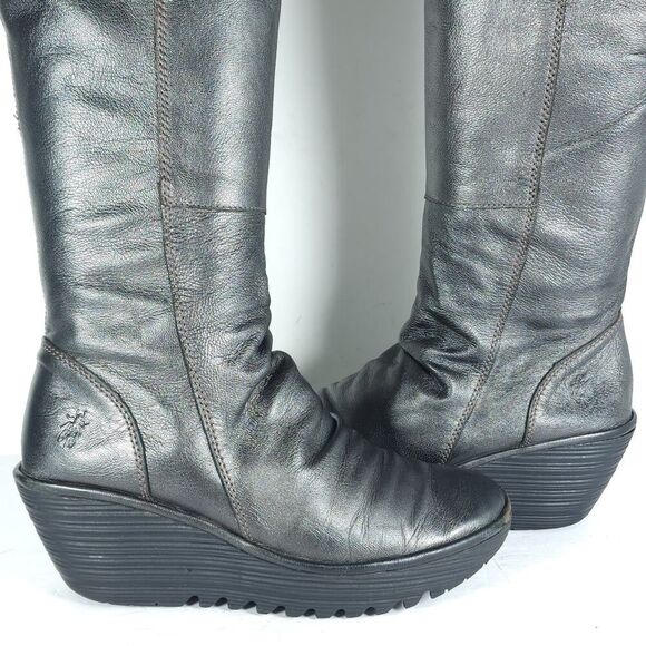 Fly London Womens Yust US9,5 EU40 Metallic Gray Leather Zip Wedge Riding Boots - Picture 8 of 16